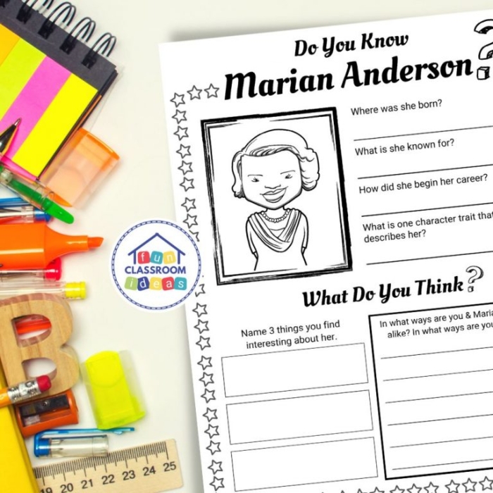 Marian Anderson worksheet for fourth graders focusing on her biography and comprehension questions
