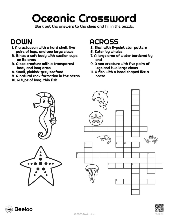 Ocean Animals Crossword worksheet for fifth graders focusing on marine life