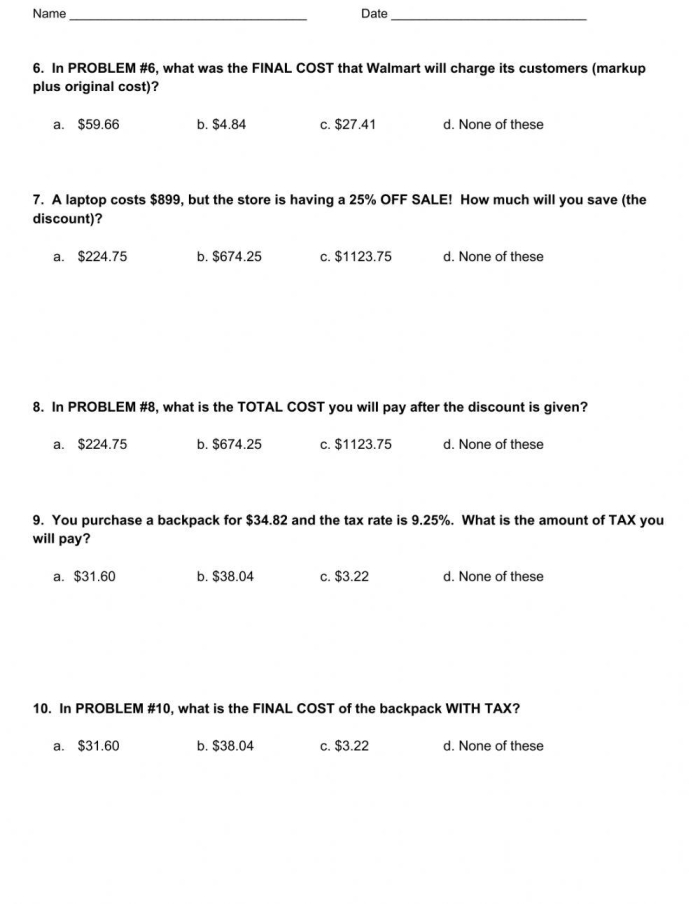 Markup and Markdown Word Problems Worksheet for Grade 7 Math Practice 19 Seventh grade math worksheet featuring word problems about calculating markup and markdown percents