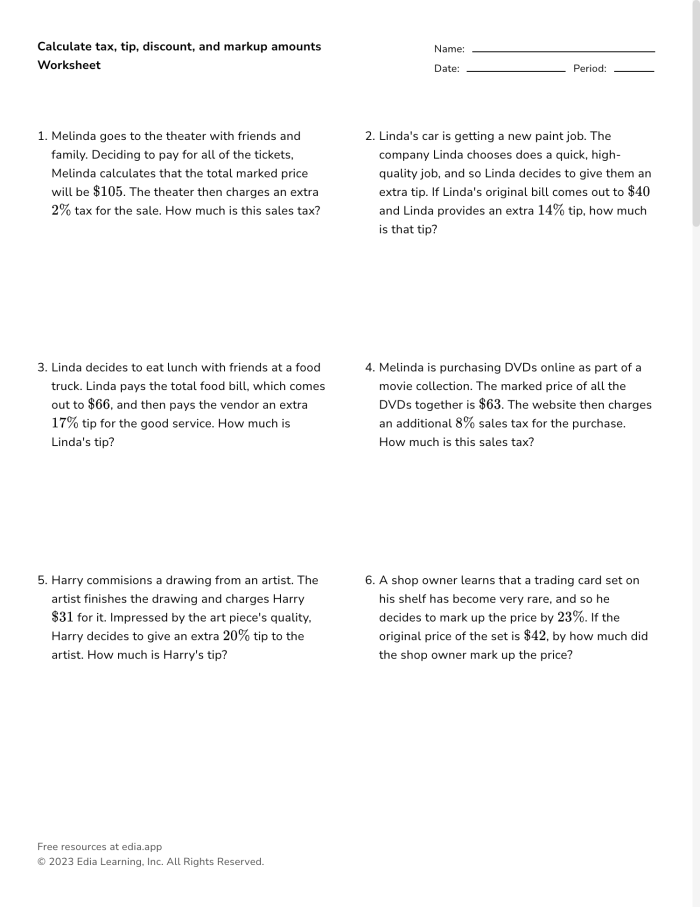 Markup and Markdown Word Problems Worksheet for Grade 7 Math Practice 18 Seventh grade math worksheet featuring real-world word problems about calculating markup and markdown percentages