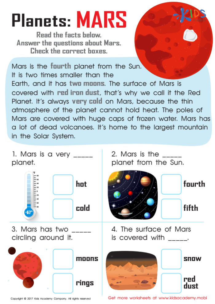 Worksheet featuring Mars, the Red Planet, for third graders to explore its characteristics