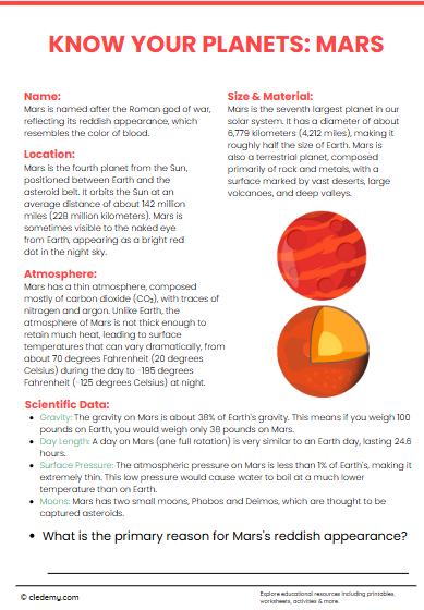 Worksheet featuring Mars, the Red Planet, with fun facts for third graders