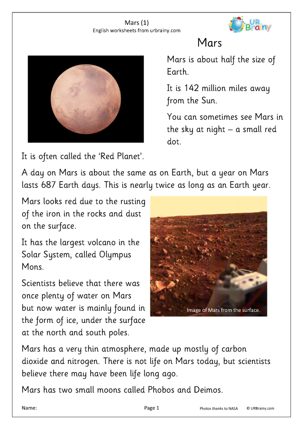 Mars worksheet for third graders exploring why Mars is known as the Red Planet