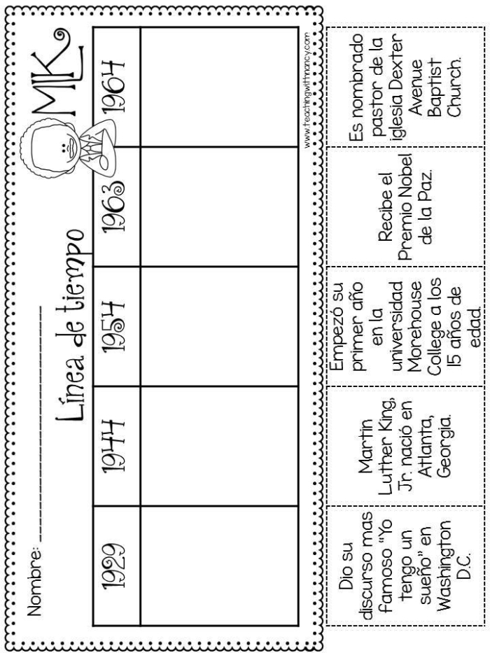 Martin Luther King Jr. Cut-and-Paste Timeline worksheet for third graders learning about history
