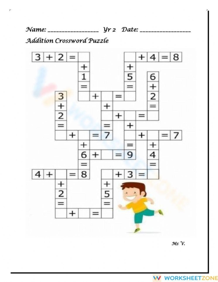 Second grade student solving a 2-digit addition crossword puzzle worksheet