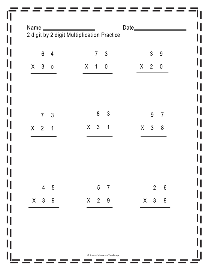 Fourth grade math worksheet featuring 2-digit by 1-digit multiplication problems