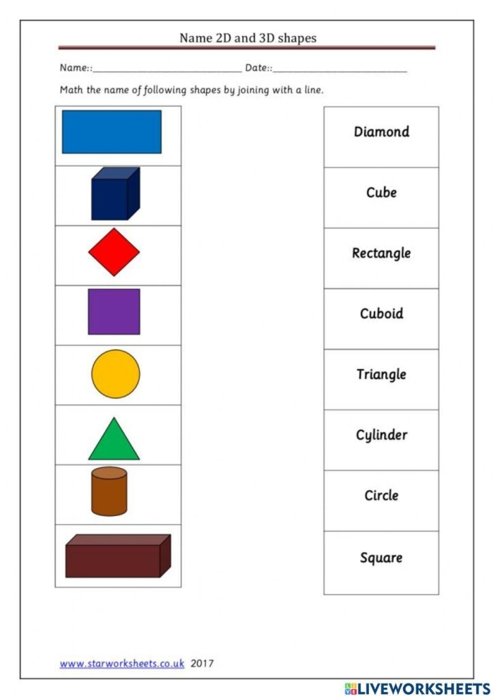 First grade worksheet featuring a matching activity for 2D and 3D shapes
