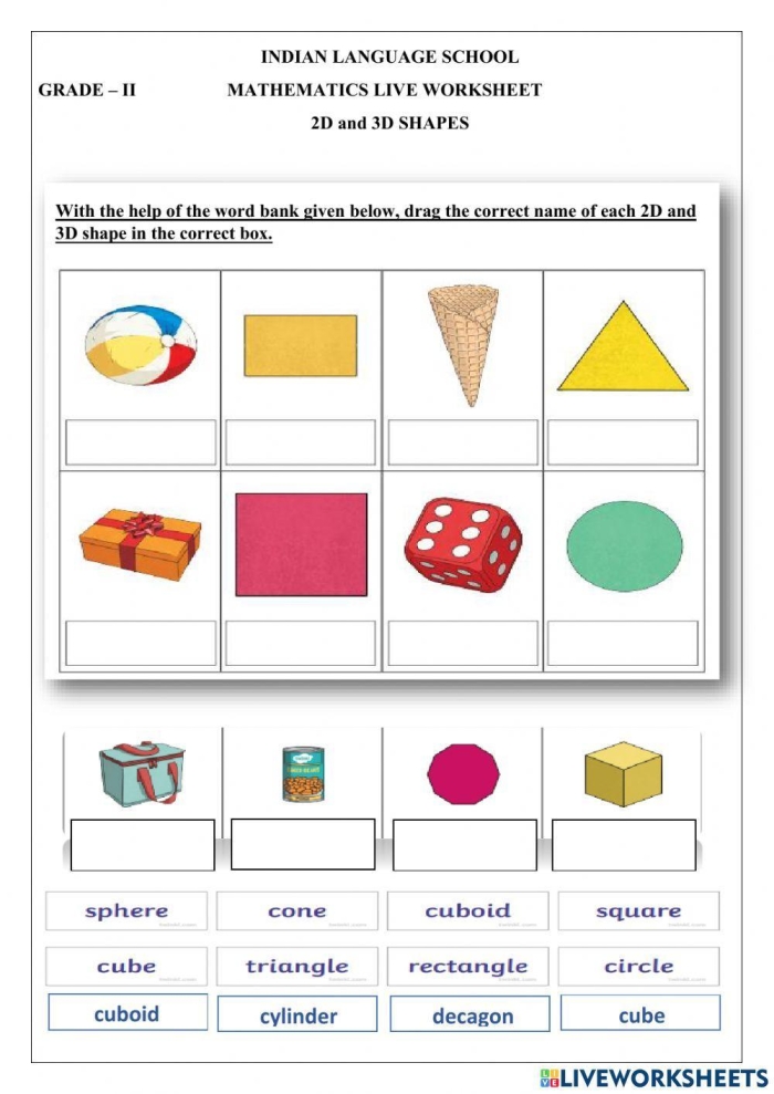 Kindergarten worksheet featuring a sorting activity for flat 2D and solid 3D shapes