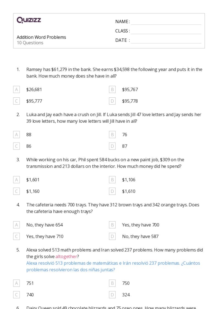 Young students solving two-digit addition word problems on a worksheet.