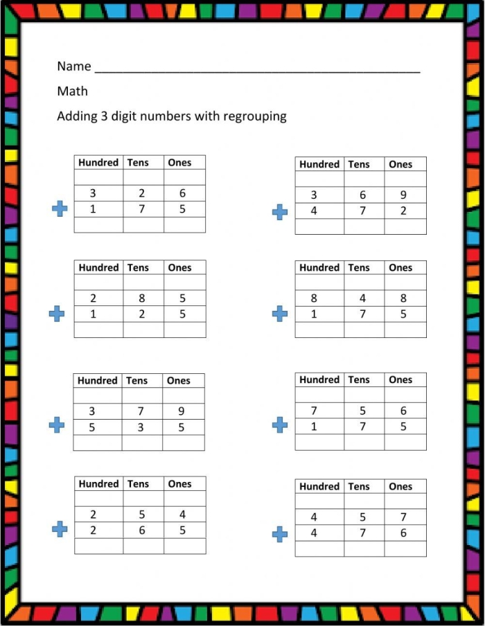 3-Digit Addition worksheet for third graders featuring practice problems