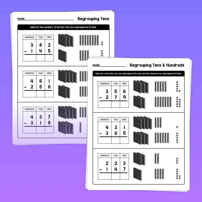Printable 3-digit subtraction with regrouping practice page number eleven Third grade math worksheet featuring forty 3-digit subtraction problems requiring regrouping