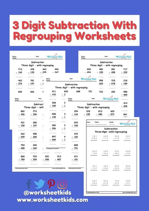 Three-digit subtraction with regrouping practice sheet for third grade math students number eighteen Third grade student working on a 3-digit subtraction with regrouping worksheet featuring forty practice problems