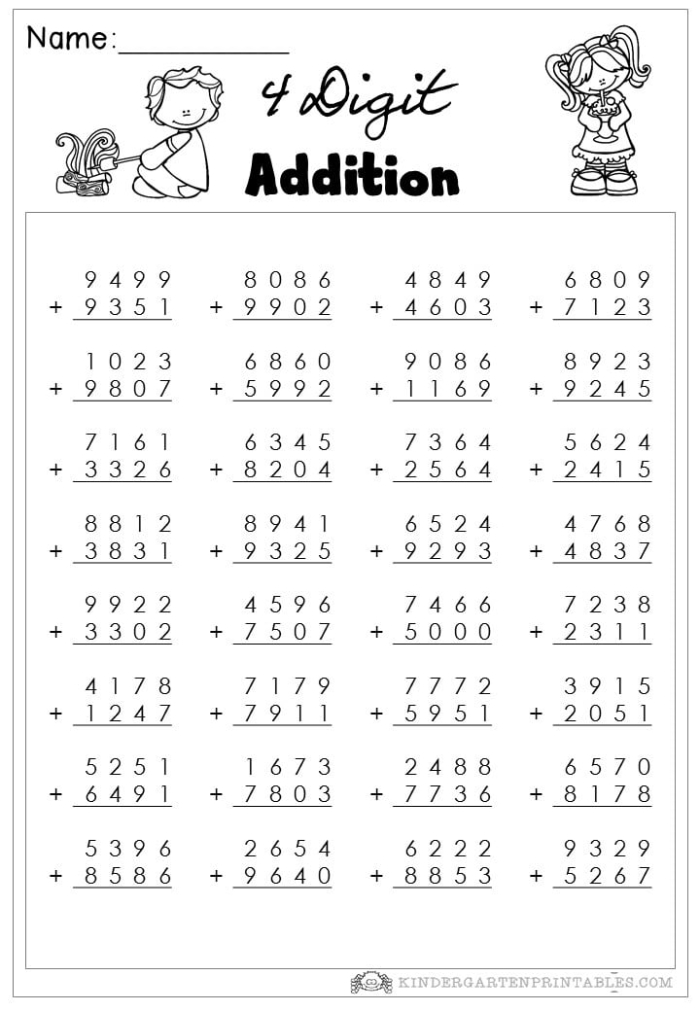 Easter Themed Four Digit Addition Practice Worksheet Eight Third grade math worksheet featuring Easter-themed 4-digit addition problems