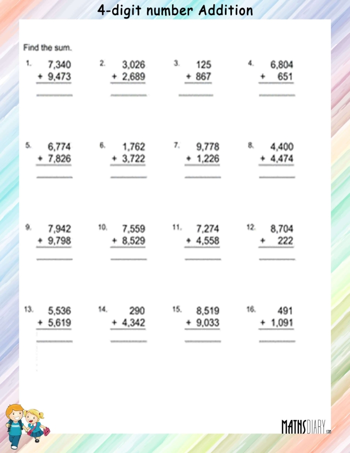 Easter themed 4-digit addition worksheet for third grade math practice number 23 Third grade math worksheet featuring 4-digit addition problems with a festive Easter theme