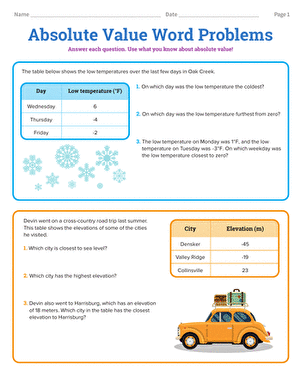 Absolute Value Word Problems Worksheet 20 for Middle School Math Practice Sixth grade students solving absolute value word problems involving real-world scenarios like temperature changes and elevation differences