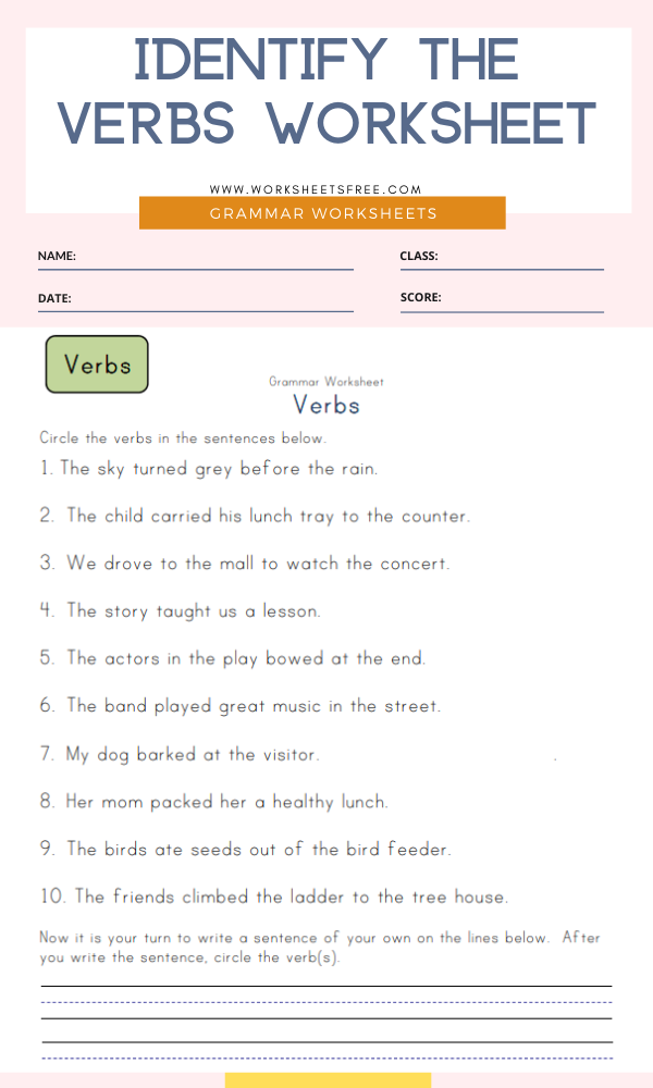 Identifying Verbs Worksheet 7 for First Grade Students First grade worksheet for identifying action verbs in sentences