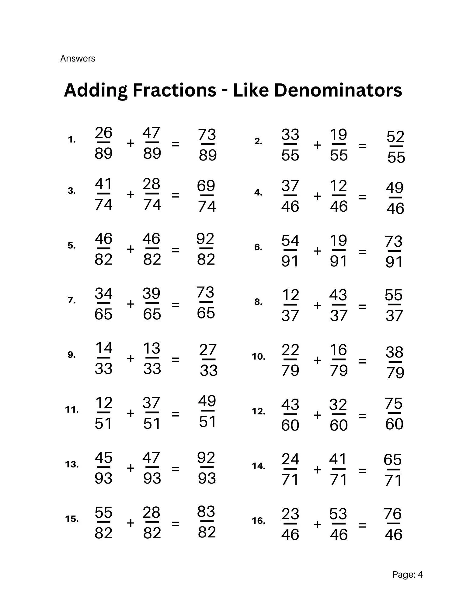 Fifth grade math worksheet featuring visual addition problems for fractions with like and unlike denominators