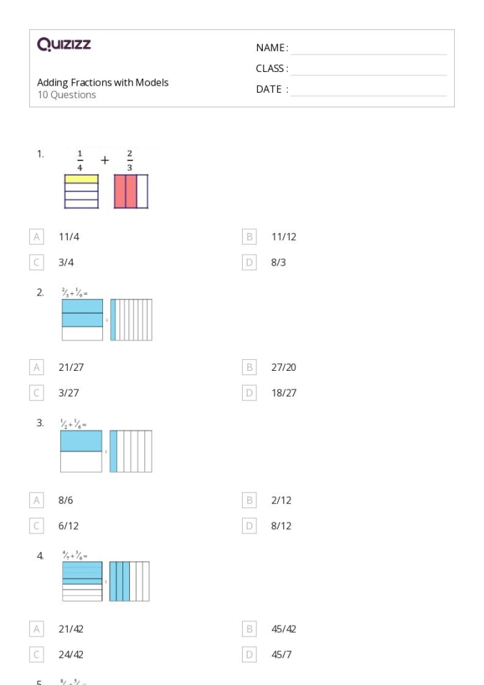Worksheet illustrating the addition of fractions with like and unlike denominators for fifth graders