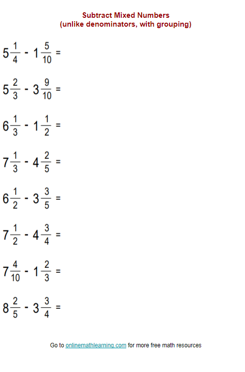 Worksheet featuring steps to add mixed fractions with different denominators for fifth graders