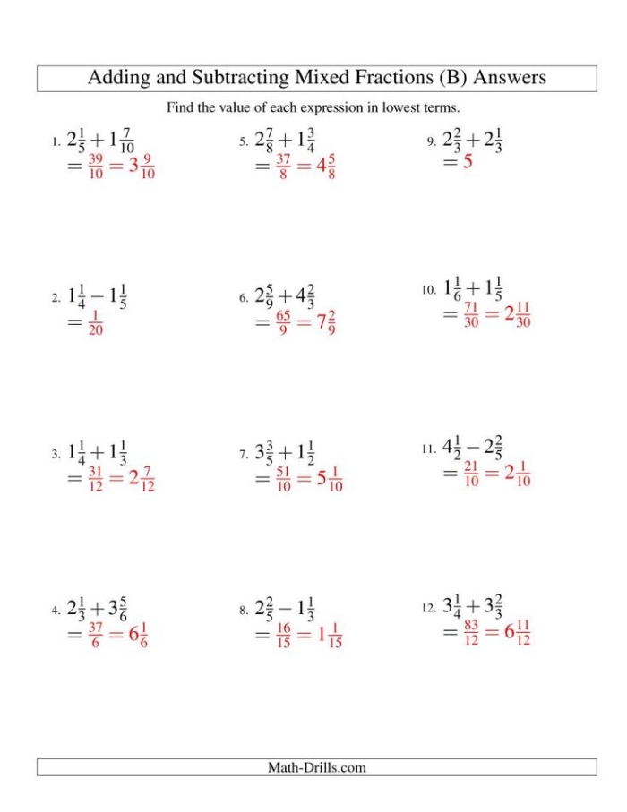 Practice worksheet for mastering fraction addition and subtraction with positive and negative numbers Seventh grade math worksheet showing problems for adding and subtracting positive and negative fractions with answer key