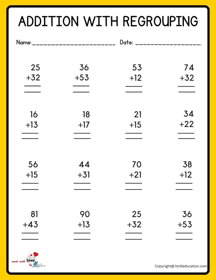 Third grade addition regrouping practice worksheet with two-digit addition problems requiring carrying to the tens column