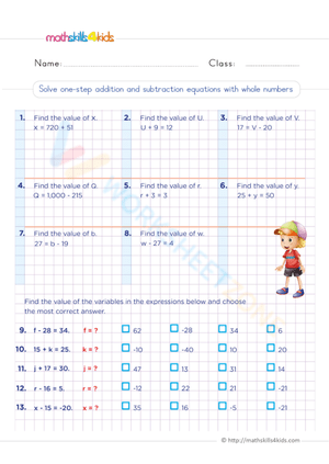 Worksheet for solving one-step addition and subtraction equations for sixth graders