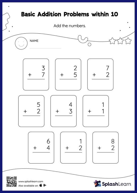 First grade addition worksheet showing equations with missing numbers that sum to ten