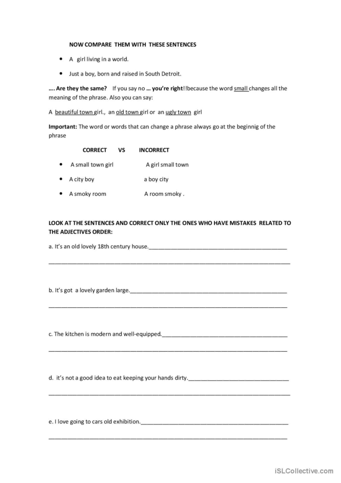 Use the Correct Adjective Order worksheet for fourth grade measurement practice 4 Fourth grade students practicing adjective order with a measurement themed grammar worksheet