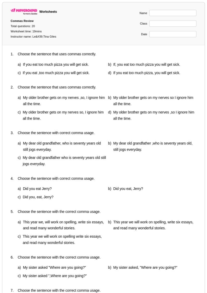 Sixth grade student completing an advanced comma placement worksheet as part of an alphabet and grammar lesson