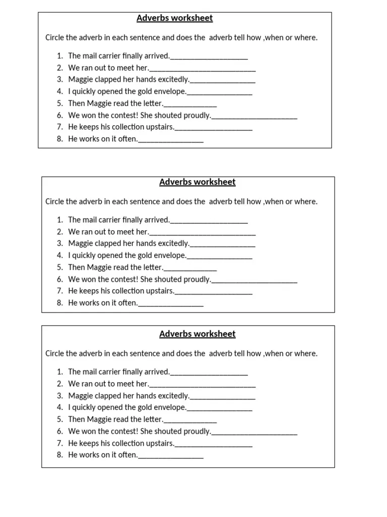 Types of Adverbs Educational Worksheet for Third Grade Students Third grade grammar handout explaining different types of adverbs for geography lessons