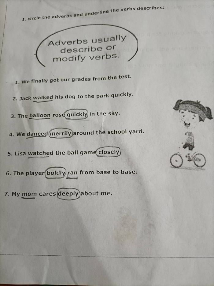Second grade grammar worksheet showing sentences with adverbs highlighted for students to circle and identify action modifiers
