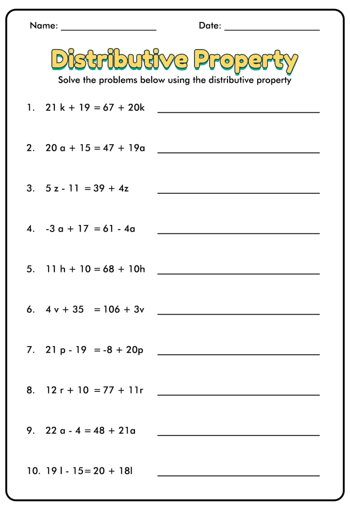 Solve Equations With the Distributive Property Worksheet Number Thirteen Eighth grade math worksheet showing algebra problems that require the distributive property of multiplication to solve
