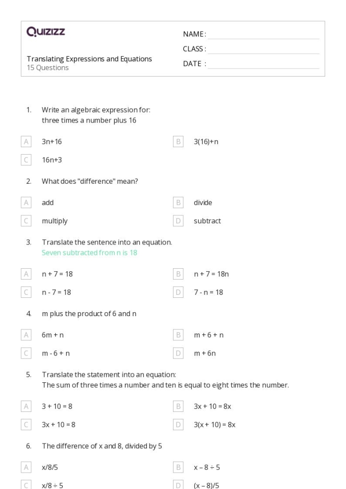 Expression and Equation Differentiation Activity for Middle School Learners Sixth grade student working through expression versus equation practice problems on an algebra worksheet