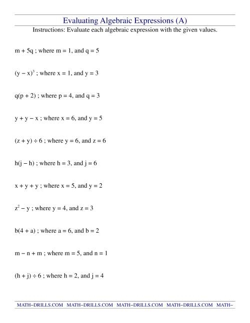 Sixth grade math worksheet for practicing how to evaluate algebraic expressions by substituting variables