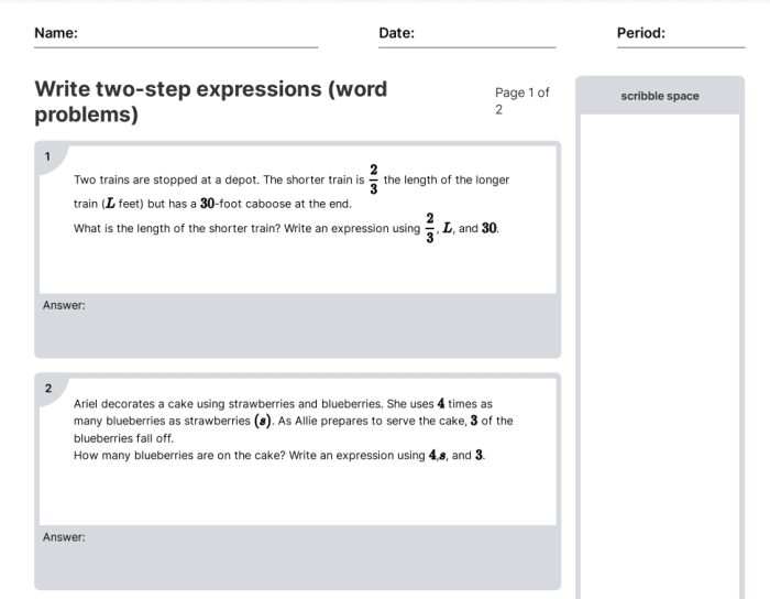 Sixth-grade student solving a mixed operation word problem to write an algebraic expression