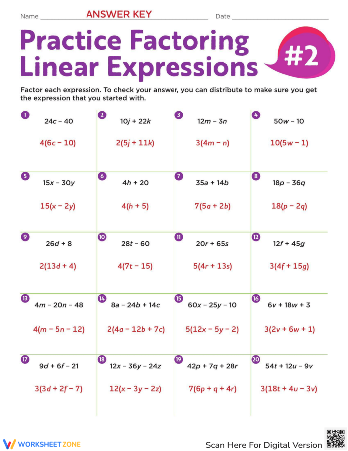 Seventh grade student solving expanding and factoring linear expressions problems on an algebra practice worksheet