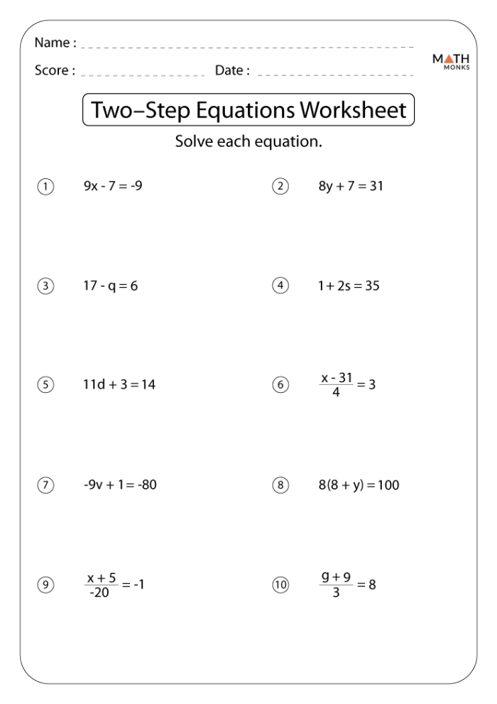 Eighth grade algebra quiz featuring various multi-step equations for students to solve