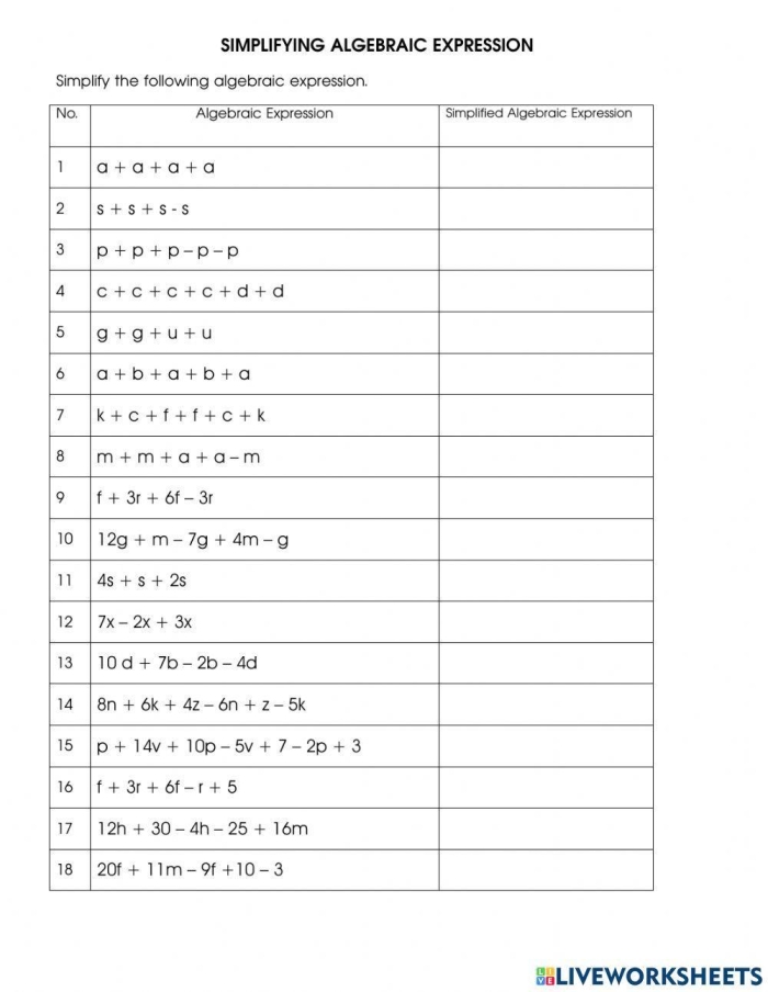 Sixth grade math worksheet showing steps for simplifying algebraic expressions with multiplication