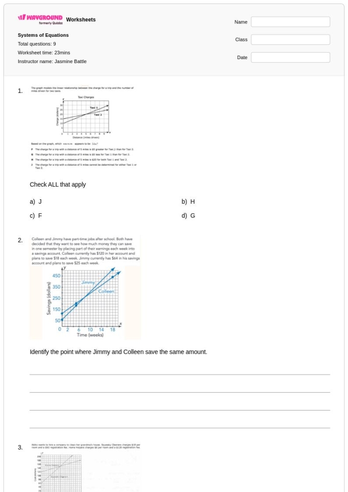 Systems of Equations Practice Worksheet 17 for Eighth Grade Algebra Eighth grade students working on an algebra worksheet identifying solutions to systems of equations