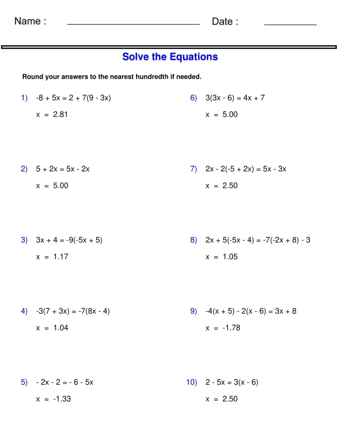 Eighth grade student working through algebraic equations with variables on both sides of the equals sign
