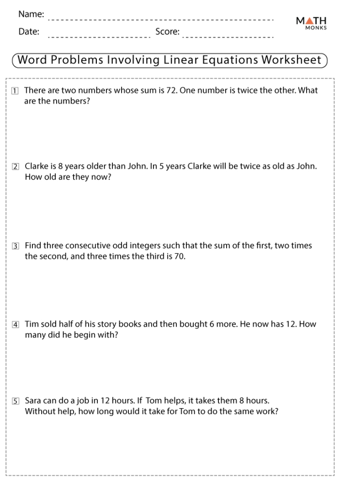 Worksheet featuring mixed operation word problems to help sixth graders write and solve equations. Educational resource for understanding algebraic reasoning through real-world scenarios.