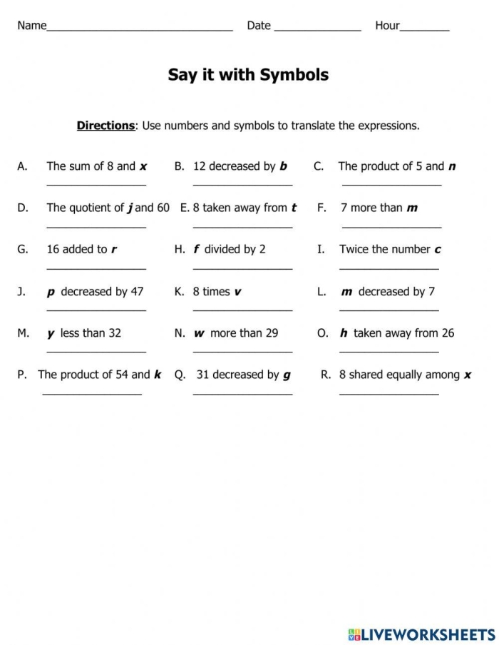 Choose Variable Expressions To Model Word Problems Worksheet for Sixth Grade Math Sixth grade student completing a worksheet on choosing algebraic expressions to represent word problems