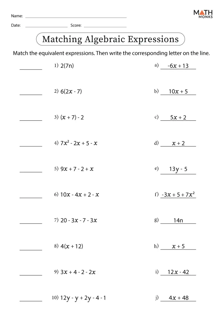 Sixth grade student completing a worksheet on writing algebraic expressions with math phrases