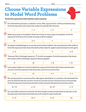 Sixth-grade student solving mixed operation word problems to write algebraic expressions on a worksheet