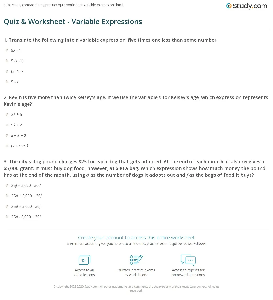 Sixth grade student worksheet for writing algebraic expressions with variables in a geometry context