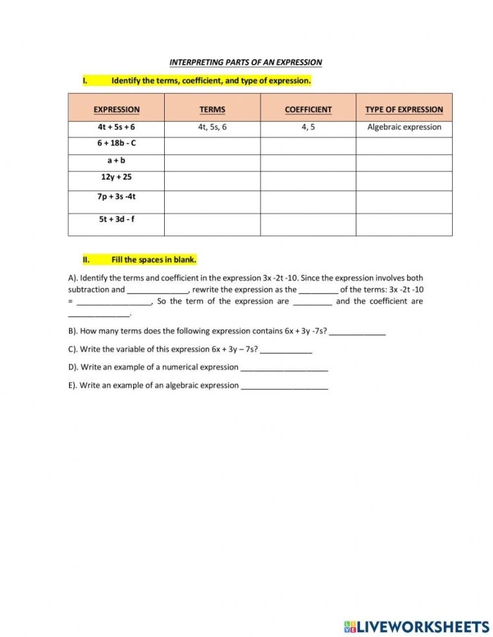 Sixth grade math worksheet focused on identifying and writing algebraic parts of an expression