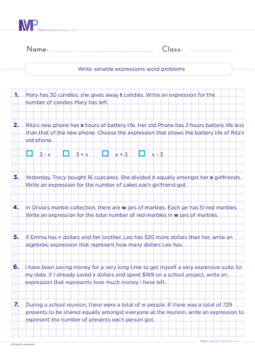 Sixth grade math worksheet showing examples of writing algebraic expressions from word problems