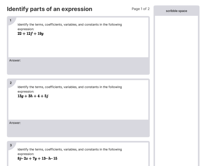 Sixth grade math worksheet for identifying and labeling parts of an algebraic expression