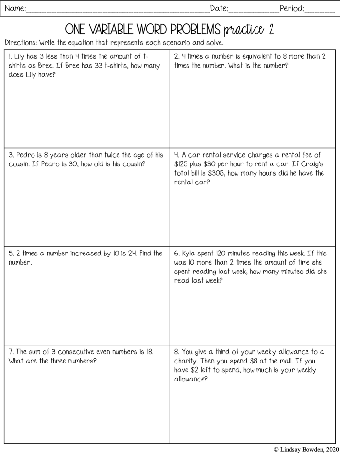Sixth grade student solving algebraic word problems and writing variable expressions on a worksheet with mixed operations