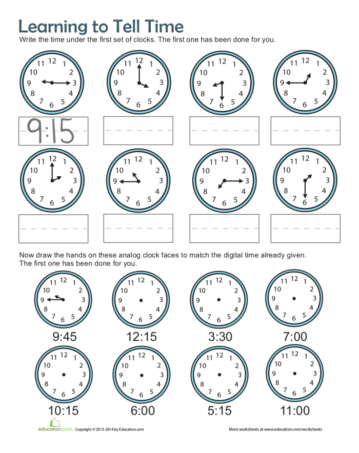 Worksheet for first graders to practice reading analog clocks